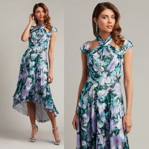 NWT Tadashi Shoji ARLENE CUTOUT HALTER FLORAL MIDI DRESS BUI22121MD Iris